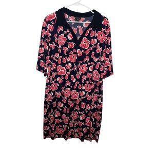 En Focus Women Navy Pink Floral Polo V-Neck Shift Dress 16W‎ Short Sleeve
